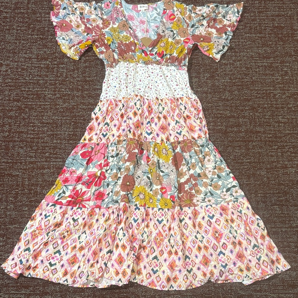 NWT Floral print mix & match floral ruffle sleeve midi dress flutter sleeve S
